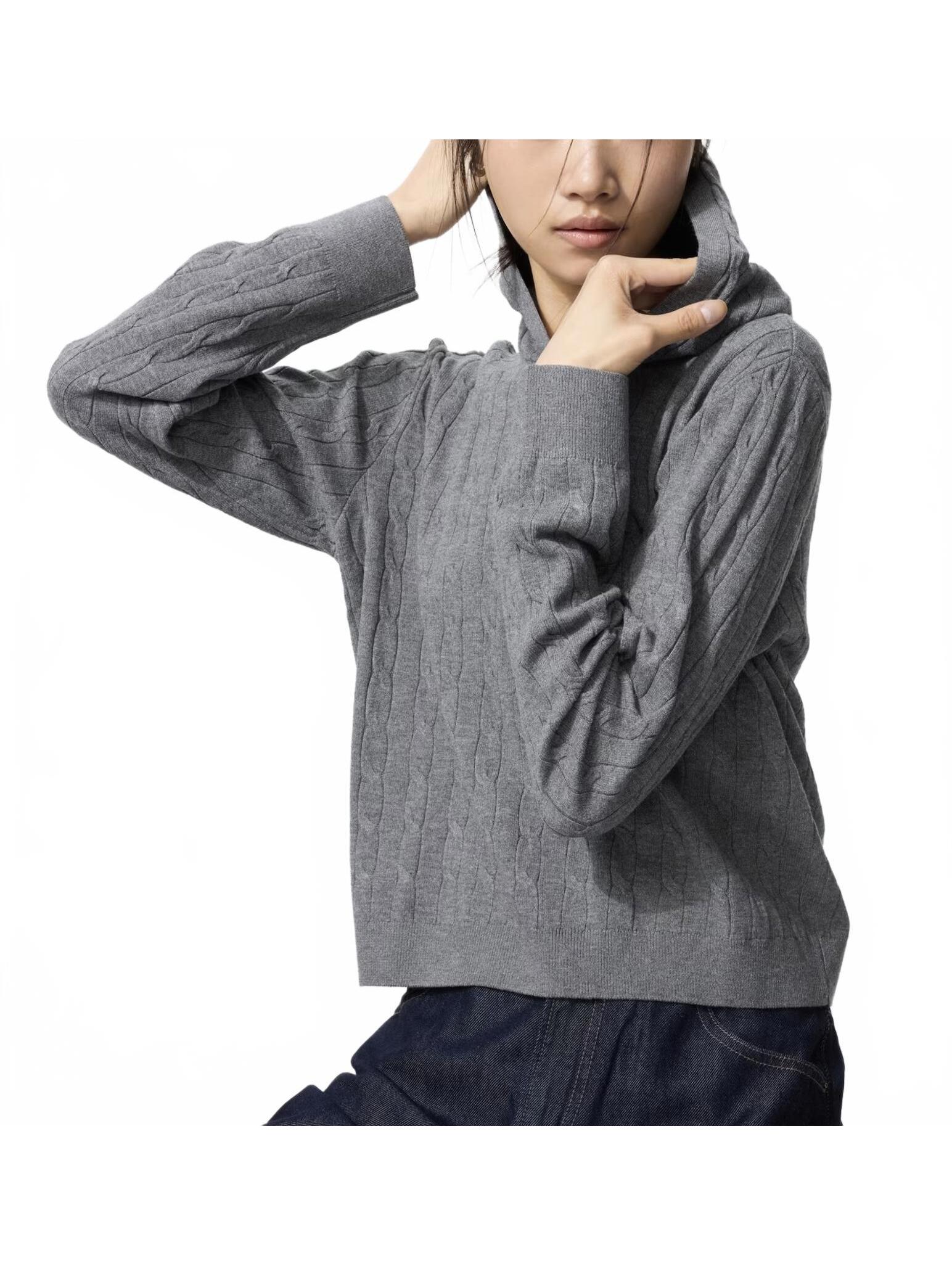 Uniqlo Washable Knit Cable Hoodie Nwt Gray Small